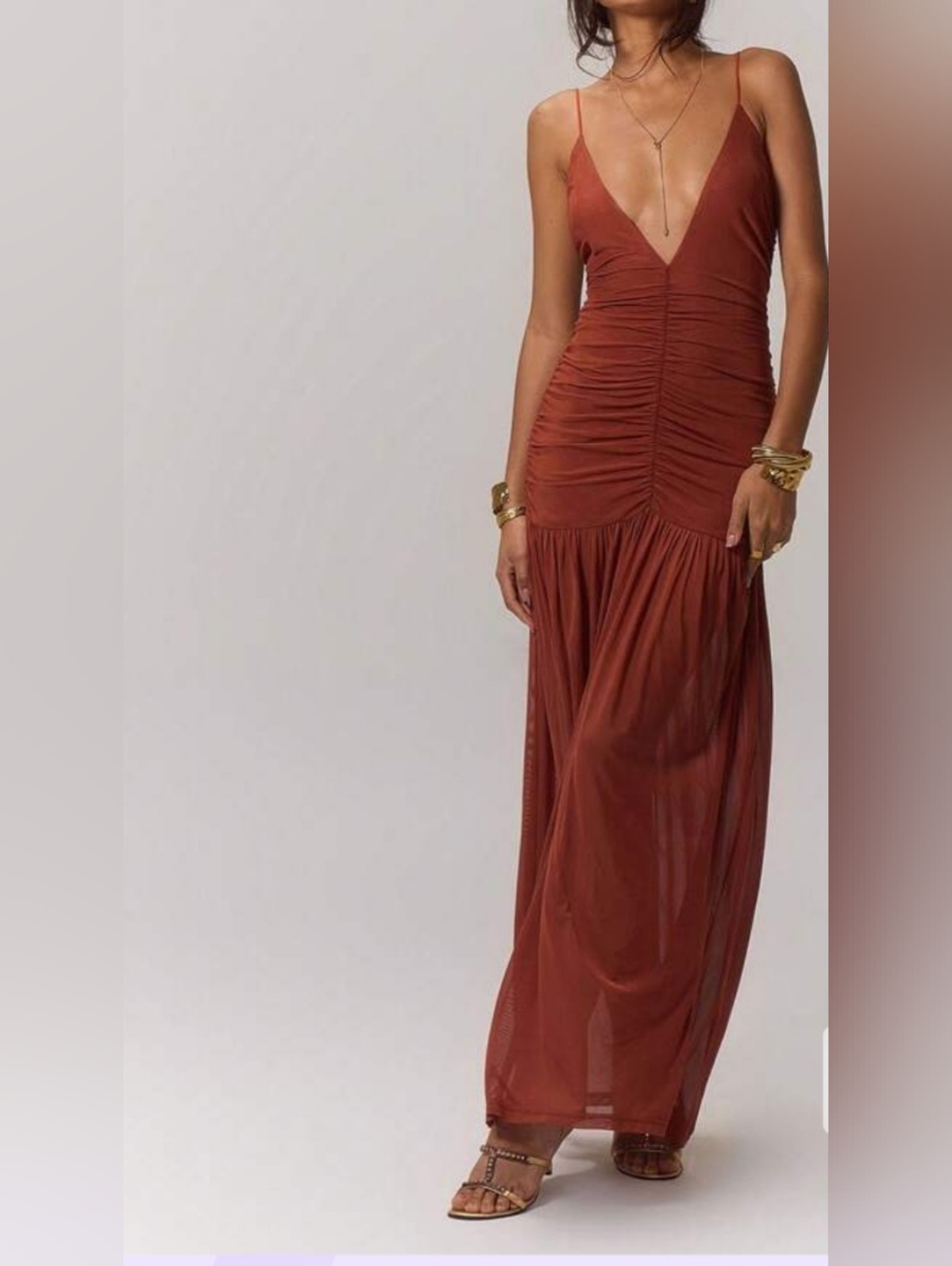 Musera Rust Brown V Neck Sheer Ruched Bodycon Maxi Dress Large